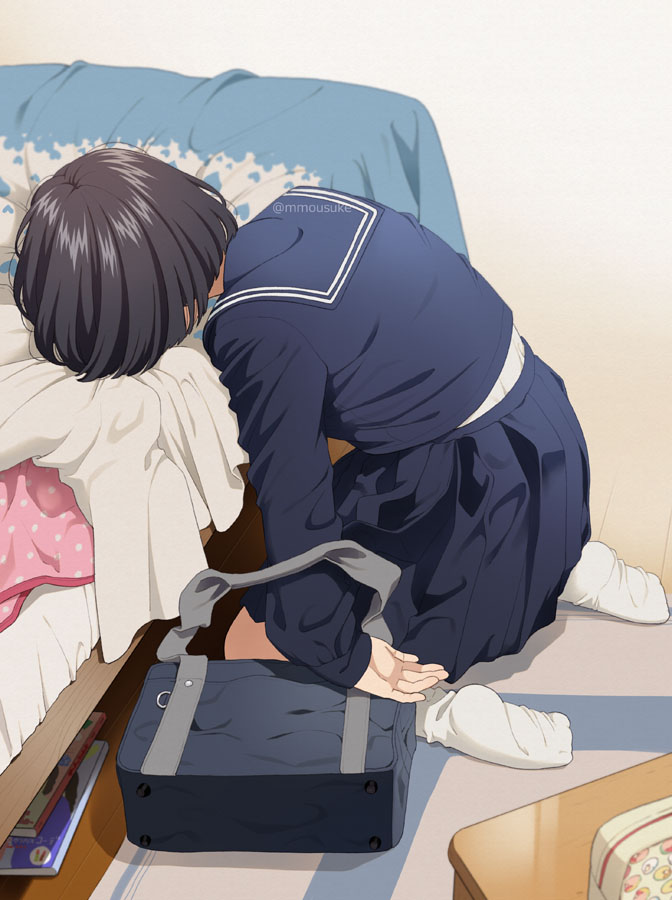 bag bed bed_sheet black_hair blanket blue_bag blue_sailor_collar blue_shirt blue_skirt bob_cut commentary face_down from_behind from_side hair_strand holding holding_bag indoors kneeling long_sleeves mattaku_mousuke no_shoes on_floor original pleated_skirt rug sailor_collar school_bag school_uniform serafuku shirt short_hair skirt socks solo table tired twitter_username undershirt white_socks wooden_floor