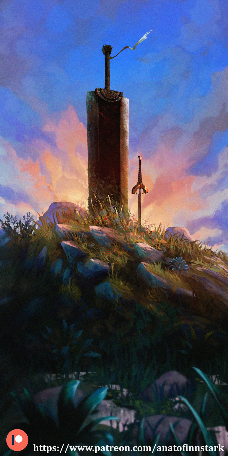 anato_finnstark artist_name berserk claymore_(sword) cloud dragonslayer_(sword) flower grass greatsword highres hilt huge_weapon no_humans outdoors patreon_logo patreon_username planted planted_sword planted_weapon rock side-by-side sword weapon