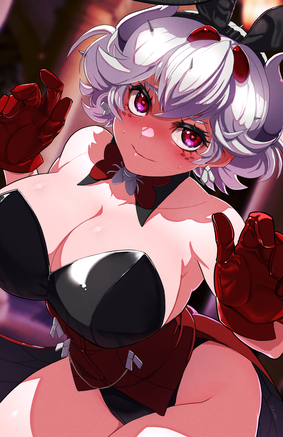 1girl animal_ears beelzebub_(helltaker) blush breasts cleavage demon demon_girl demon_horns freckles fujioka_yatsufusa gloves heart heart-shaped_pupils helltaker highres horns large_breasts leotard looking_at_viewer playboy_bunny rabbit_ears red_eyes red_gloves solo symbol-shaped_pupils thighs white_hair white_horns
