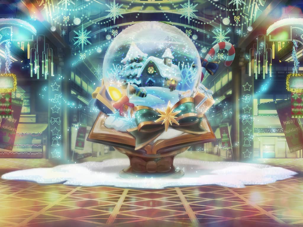 artist_request bow candle candy candy_cane christmas christmas_stocking christmas_tree christmas_wreath fire food game_cg green_bow hallway indoors lantern light_rays magia_record:_mahou_shoujo_madoka_magica_gaiden mahou_shoujo_madoka_magica mall night no_humans official_art paper_lantern red_bow scenery sign snow snowball snowflakes star_(symbol) string_of_light_bulbs sunlight window wreath yellow_bow