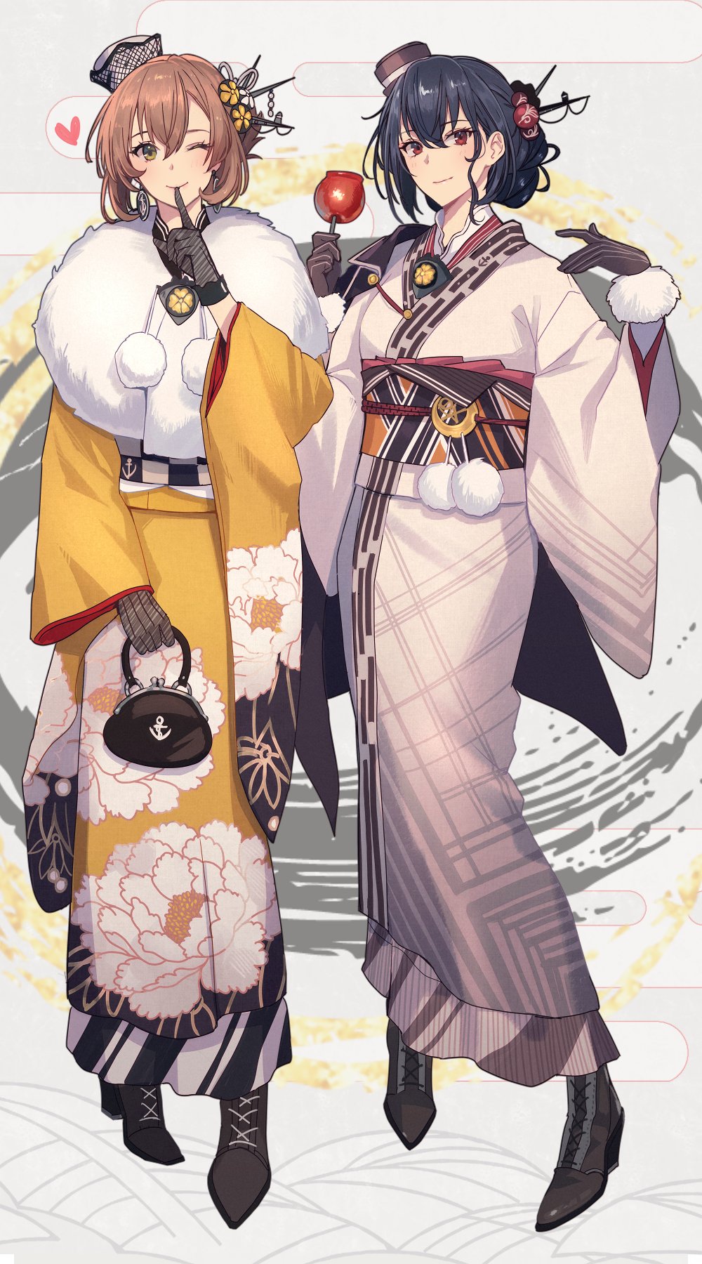 2girls bell black_footwear black_gloves black_hair blush boots brown_hair contrapposto dragon earrings floral_print full_body fur-trimmed_gloves fur-trimmed_kimono fur_trim gloves gradient_clothes gradient_kimono green_eyes hair_between_eyes hair_bun hair_ornament hat headgear high_heel_boots high_heels highres holding holding_umbrella japanese_clothes jewelry jingle_bell kantai_collection kasumi_(skchkko) kimono light_smile lion_dance long_sleeves looking_at_viewer mini_hat multiple_girls mutsu_(kancolle) mutsu_(new_year)_(kancolle) nagato_(kancolle) nagato_(new_year)_(kancolle) new_year obi obidome obijime official_alternate_costume official_alternate_hairstyle official_art oil-paper_umbrella one_eye_closed orange_kimono pom_pom_(clothes) red_eyes sash shishimai short_hair single_hair_bun smile tilted_headwear umbrella white_kimono wide_sleeves yagasuri