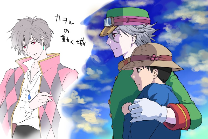 2boys bad_id bad_pixiv_id brown_hair cosplay earrings gainax studio_ghibli gloves hat howl howl_(cosplay) howl_(howl_no_ugoku_shiro) howl_(howl_no_ugoku_shiro)_(cosplay) howl_no_ugoku_shiro ikari_shinji jewelry male_focus multiple_boys nagisa_kaworu neon_genesis_evangelion parody peaked_cap red_eyes ris short_hair smile sophie sophie_(cosplay) sophie_(howl_no_ugoku_shiro) sophie_(howl_no_ugoku_shiro)_(cosplay) studio_ghibli sun_hat white_gloves white_hair