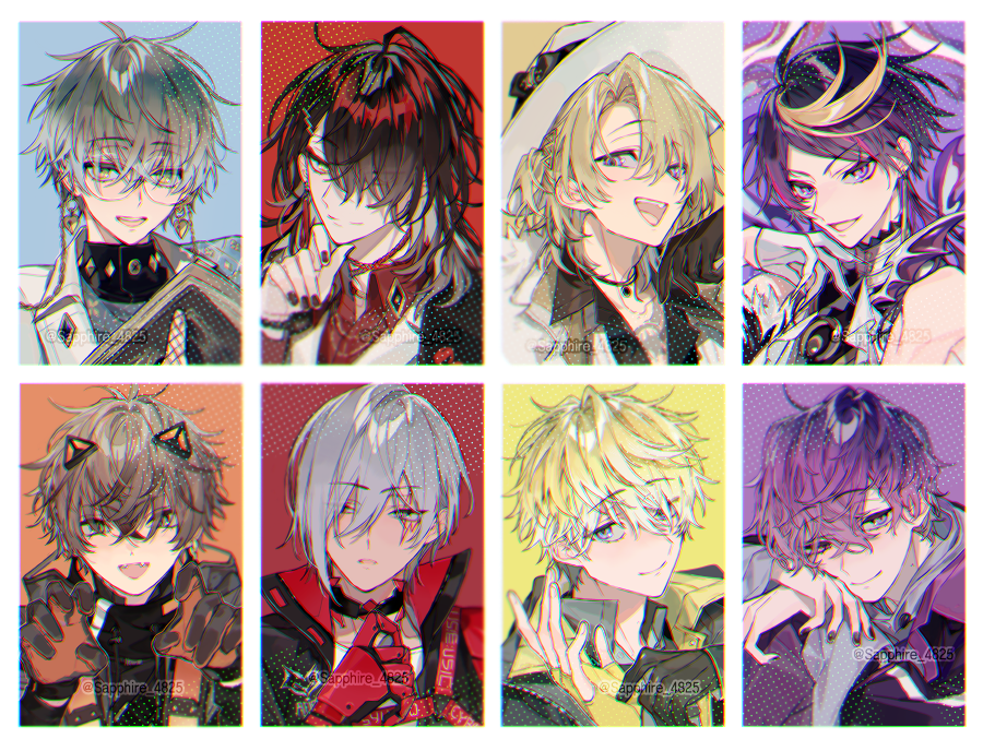 6+boys ahoge alban_knox animal_ears black_hair blonde_hair brown_hair cat_ears commentary earrings fedora fulgur_ovid glasses gloves green_eyes grey_eyes grey_hair hair_over_one_eye hand_up hashtag-only_commentary hat heterochromia ike_eveland jewelry luca_kaneshiro luxiem multiple_boys nijisanji nijisanji_en noctyx open_mouth purple_eyes purple_hair sapphire_(nine) shu_yamino smile sonny_brisko symbol-only_commentary uki_violeta virtual_youtuber vox_akuma white_gloves white_hat