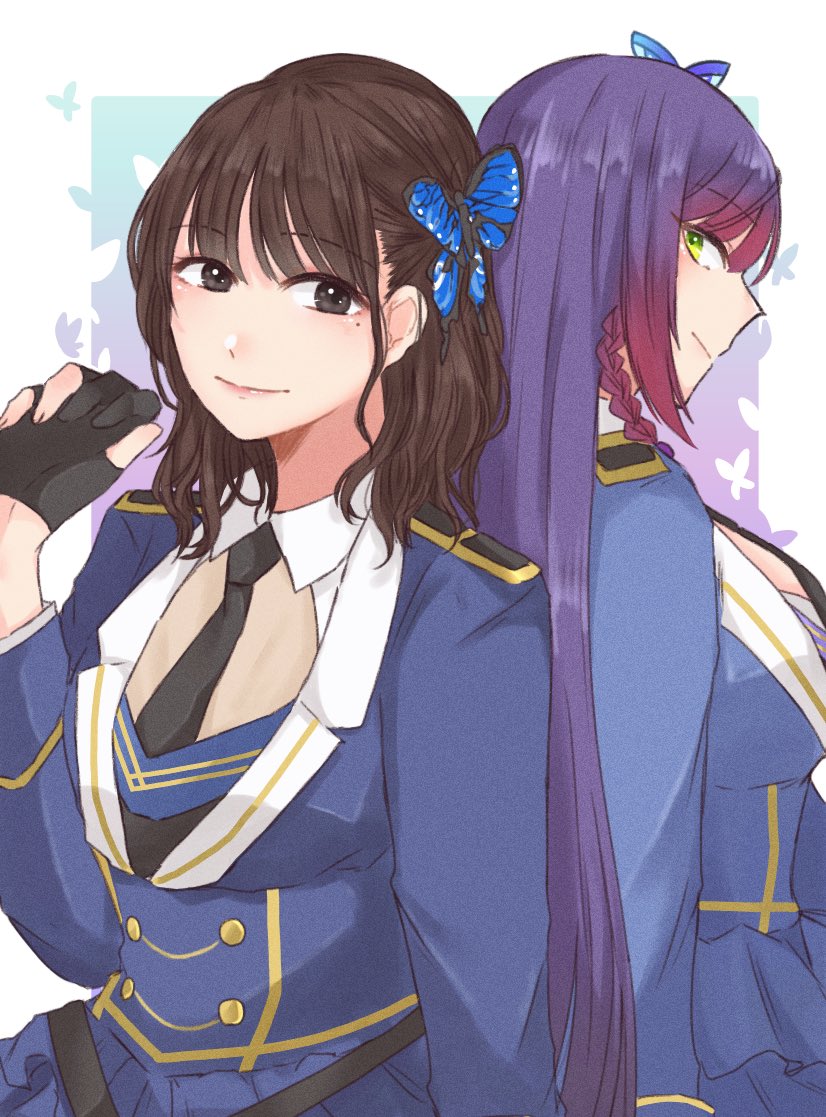 2girls animification aqua_background arm_at_side assault_lily back-to-back belt black_belt black_gloves black_necktie blue_jacket blue_skirt border braid breasts brown_eyes brown_hair butterfly_background butterfly_hair_ornament closed_mouth collared_shirt commentary cosplay epaulettes funada_kiito funada_kiito_(cosplay) gloves gradient_background green_eyes hair_between_eyes hair_ornament half_gloves hand_up ishii_haruna jacket large_breasts long_hair long_sleeves looking_at_viewer looking_to_the_side medium_hair mole mole_under_eye multicolored_background multiple_girls necktie nigari_(ngari_0115) outside_border partially_fingerless_gloves profile purple_background purple_hair real_life shirt side_braid sideways_glance skirt smile standing symbol-only_commentary upper_body very_long_hair voice_actor voice_actor_connection white_border white_shirt
