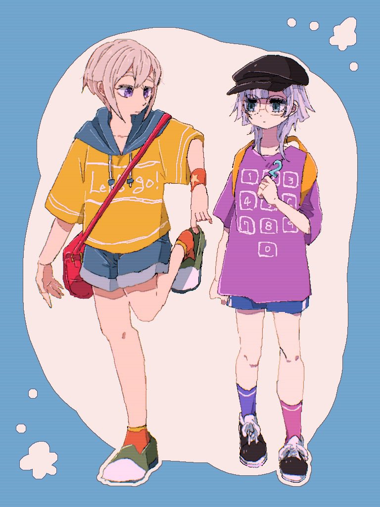 adjusting_clothes adjusting_shoe ankle_socks asymmetrical_legwear backpack bag black_footwear black_hat blonde_hair blue_background blue_eyes blue_hood blue_shorts blunt_ends cabbie_hat casual collarbone denim denim_shorts drawstring english_text expressionless glasses green_footwear grey_hair hat hifumi_suu hood hoodie kimi_no_koto_ga_dai_dai_dai_dai_daisuki_na_100-nin_no_kanojo kneehighs looking_at_another mismatched_legwear nanoka_7no orange_socks pink_socks purple_eyes purple_hair purple_shirt purple_socks red_bag roman_numeral round_eyewear shirt shoes short_hair shorts shoulder_bag simple_background sneakers socks sutou_iku t-shirt white_background wide_sleeves wristband yellow_bag yellow_hoodie