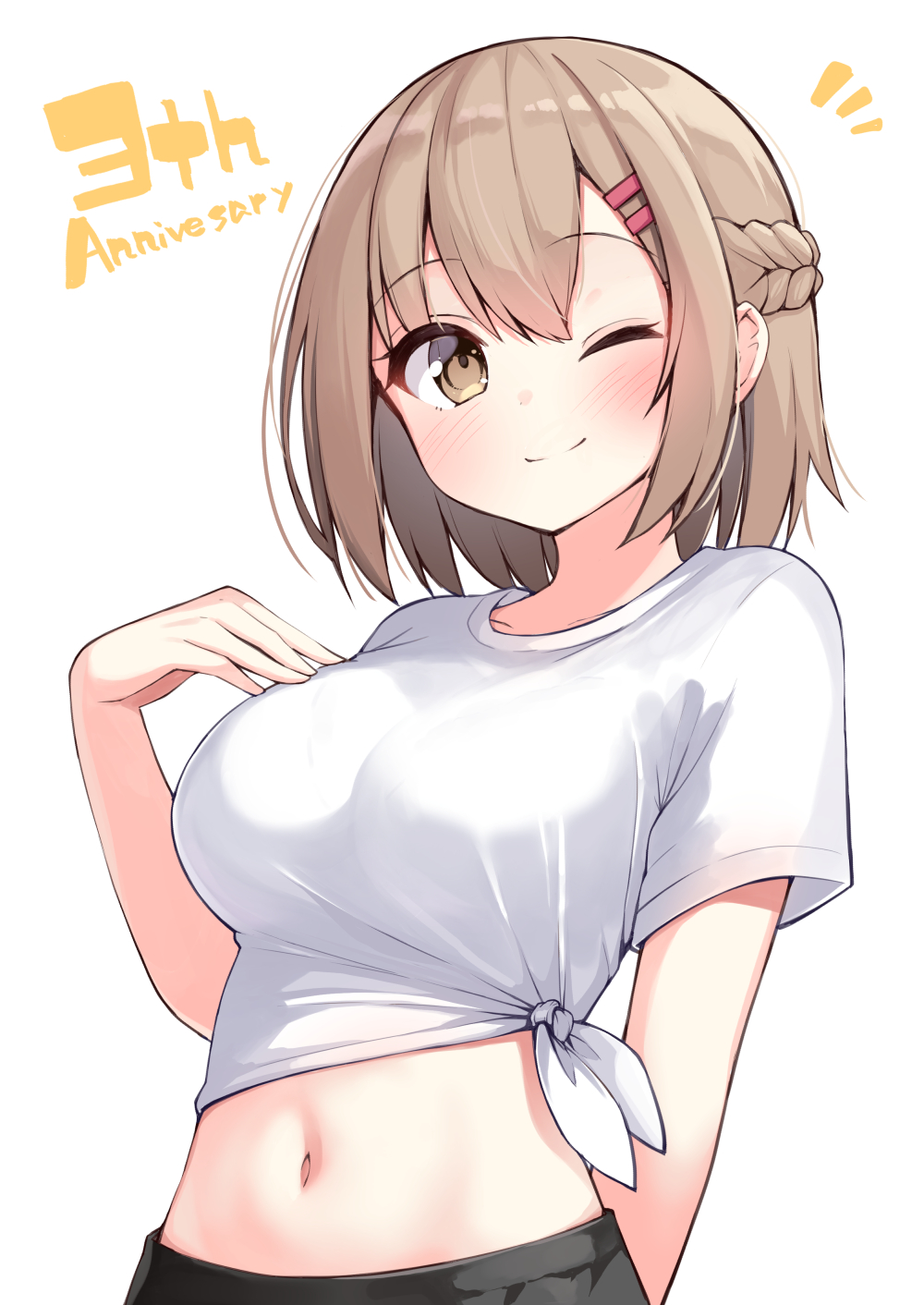 1girl ;) anniversary blush braid breasts brown_eyes brown_hair childhood_friend_(ominaeshi) closed_mouth commentary_request hair_between_eyes hair_ornament hairclip hand_up highres looking_at_viewer medium_breasts navel notice_lines ominaeshi_(takenoko) one_eye_closed original shirt short_sleeves smile solo tied_shirt white_shirt