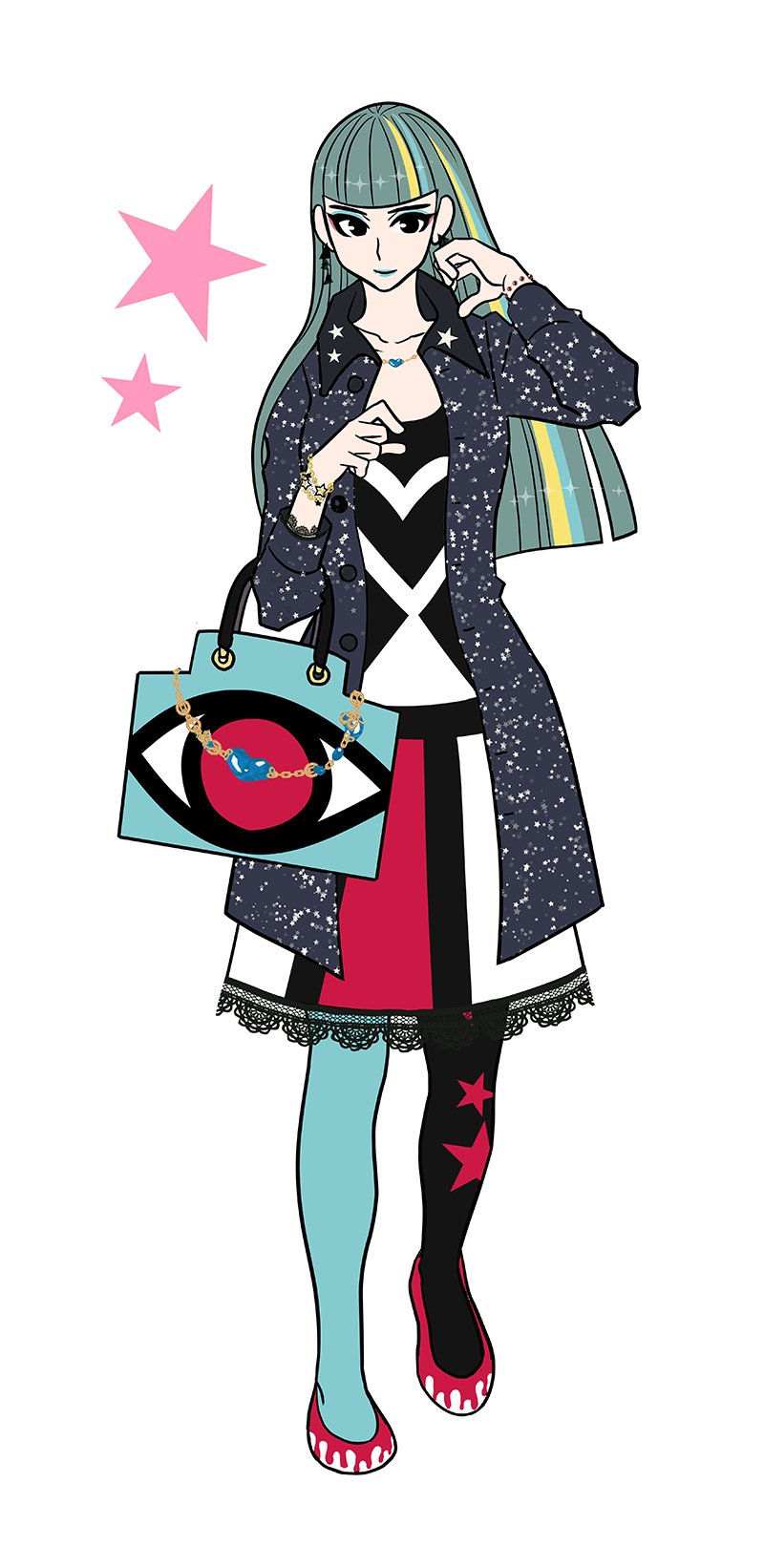 1girl armlet asymmetrical_clothes bag black_coat black_eyes black_jacket blue_eyeshadow blue_lips closed_mouth coat dress earrings elbow_carry eyelashes eyeshadow green_hair hand_up handbag heart heart_necklace highres itami_shino jacket jewelry lace_skirt light_smile long_hair long_jacket long_sleeves makeup multicolored_hair necklace nihonbashi_yowoko official_art pantyhose print_bag print_footwear print_pantyhose shiny_clothes shoujo_fight simple_background skirt solo standing star_(symbol) torn_clothes torn_pantyhose two-tone_hair two-tone_pantyhose walking