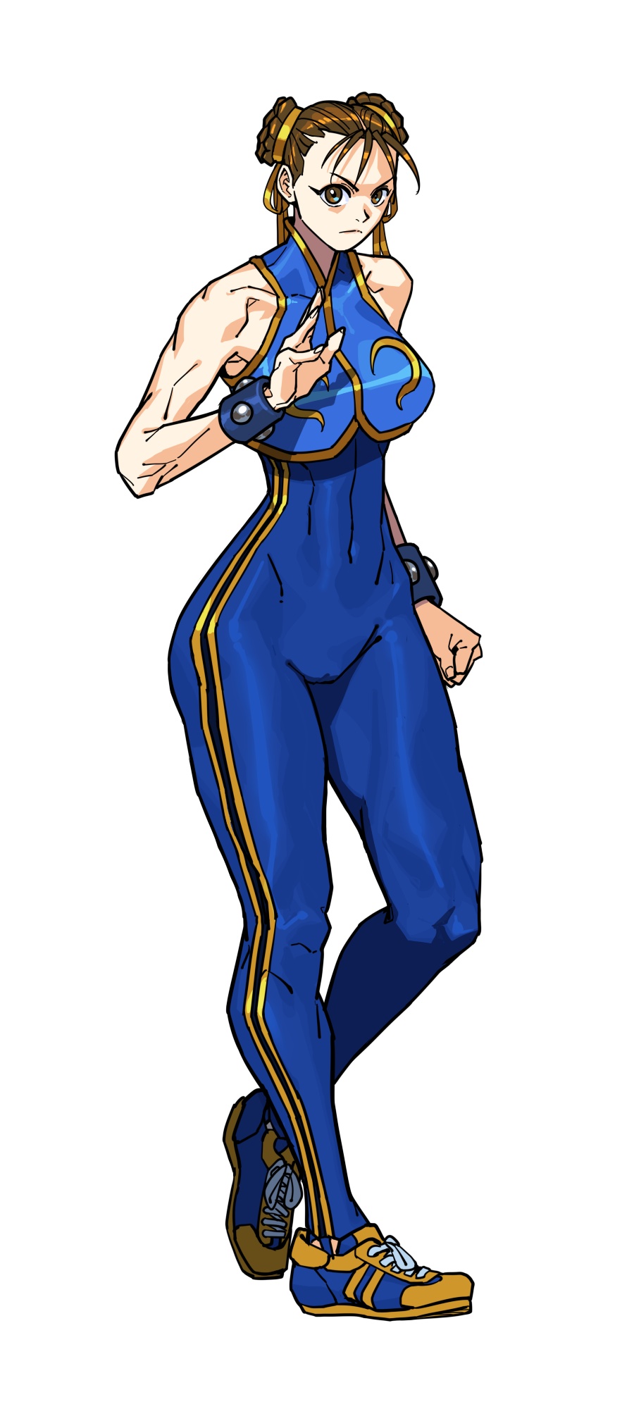 abs blue_bodysuit blue_footwear blue_vest bodysuit braid braided_bun brown_hair capcom chun-li earrings gold_trim hair_bun highres iggler jewelry serious shoes sleeveless sneakers street_fighter street_fighter_alpha striped_clothes toned toned_female twin_braids vest white_background wrist_cuffs