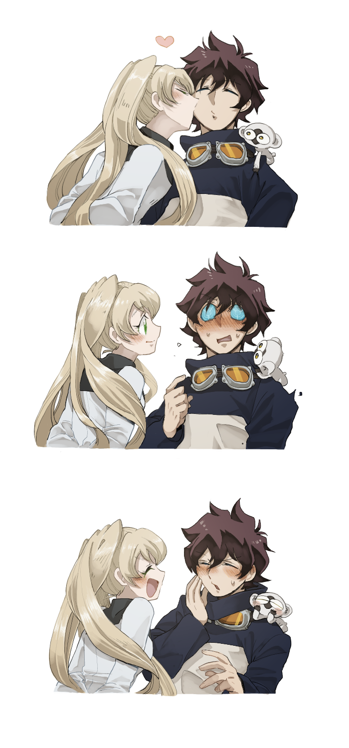 1boy 1girl blonde_hair blush brown_hair kissing_cheek dress goggles goggles_around_neck harvest88 hetero highres kekkai_sensen kiss leonardo_watch long_hair short_hair sonic_speed_monkey twintails white_(kekkai_sensen) white_dress