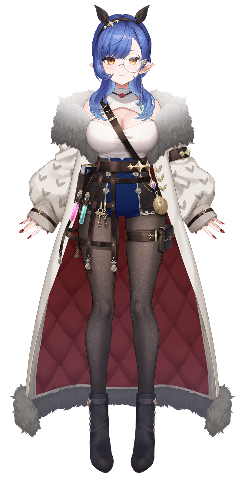 1girl black_pantyhose black_shoes blue_hair blue_shorts breasts closed_mouth fingernails full_body highres jacket key large_breasts long_sleeves looking_at_viewer luna_goldrain masuishi_kinoto monocle nail_polish official_art open_clothes open_jacket pantyhose pointy_ears puffy_long_sleeves puffy_sleeves red_nails shirt shoes shorts simple_background sleeves_past_wrists solo standing transparent_background varium vial virtual_youtuber white_jacket white_shirt yellow_eyes