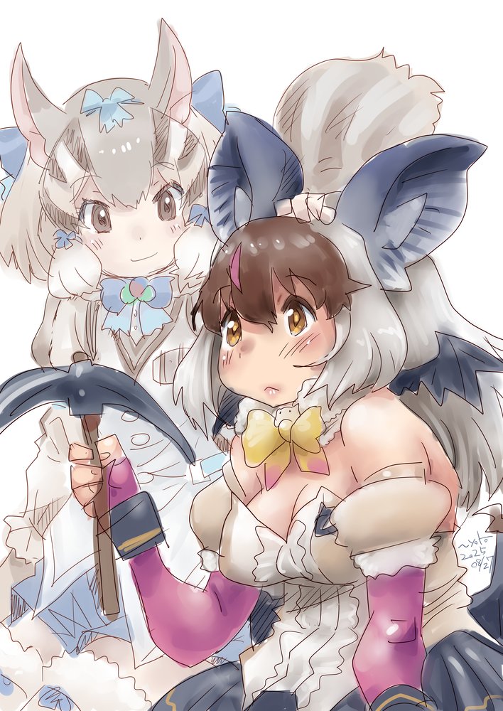 2girls animal_ears bat_ears bat_girl bat_tail bow bowtie breasts brown_eyes brown_hair brown_long-eared_bat_(kemono_friends) chipmunk_ears chipmunk_girl chipmunk_tail cleavage elbow_gloves extra_ears fingerless_gloves gloves grey_hair kemono_friends kemono_friends_v_project large_breasts leotard long_hair microphone multicolored_hair multiple_girls nyororiso_(muyaa) pickaxe ribbon shirt short_hair shorts siberian_chipmunk_(kemono_friends) simple_background skirt streaked_hair tail thighhighs vest virtual_youtuber wings