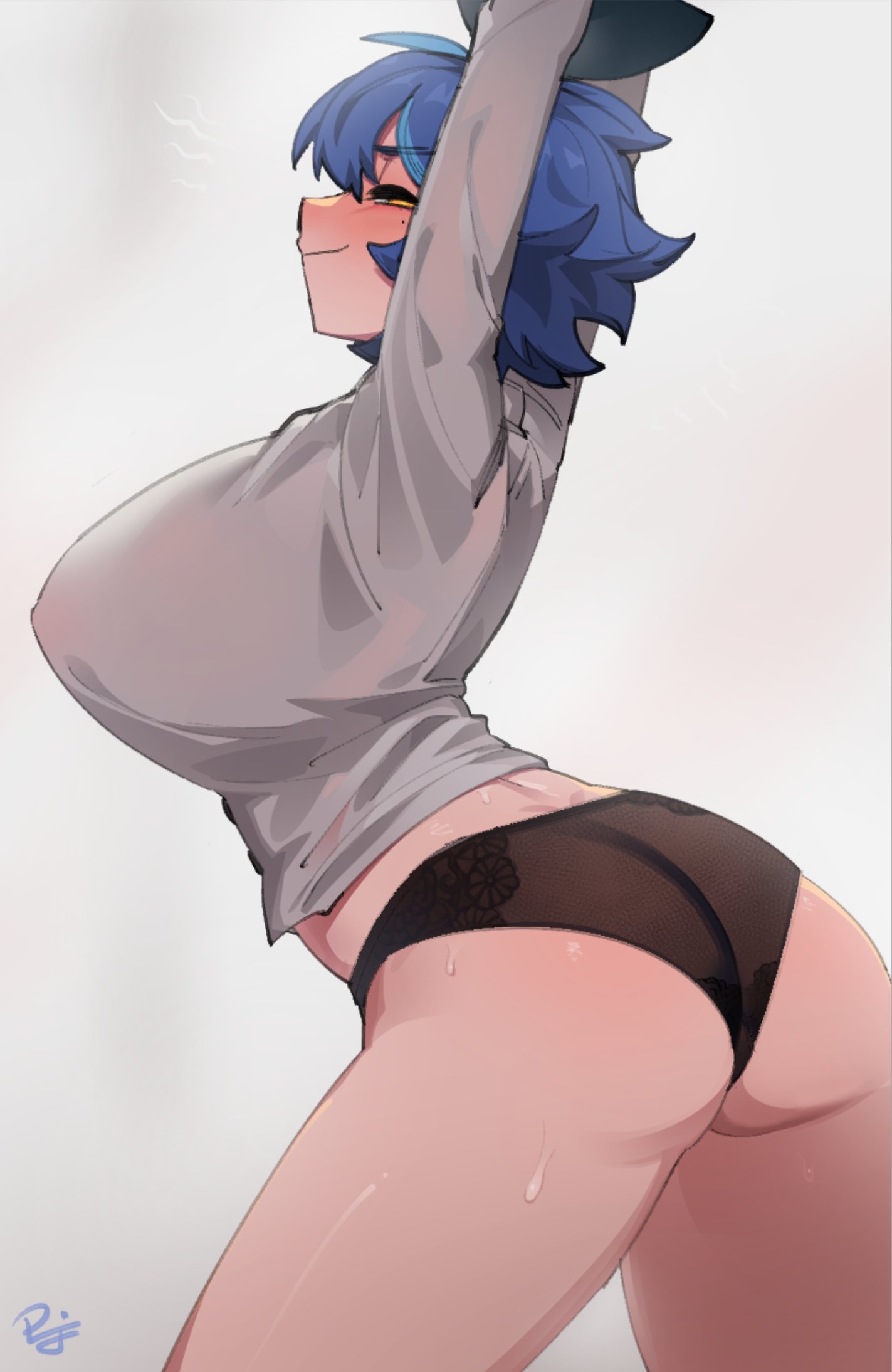 1girl arms_up ass blue_hair blush breasts commentary curvy dif_(difman) difman english_commentary highres large_breasts long_sleeves midriff_peek mole mole_under_eye original panties profile short_hair signature simple_background solo squinting stretching sweat thighs underwear wedgie white_background yellow_eyes