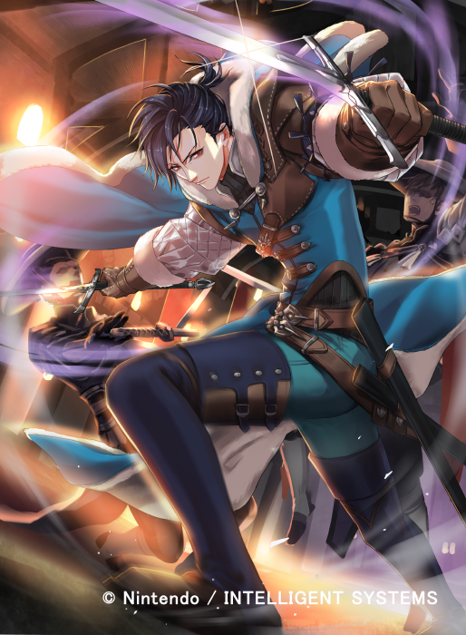 3boys belt black_hair boots dagger faceless faceless_male felix_hugo_fraldarius felix_hugo_fraldarius_(timeskip) fire_emblem fire_emblem:_three_houses fire_emblem_cipher fur_trim gloves hat knife kuroba.k male_focus multiple_boys nintendo official_art orange_eyes ponytail solo_focus sword weapon