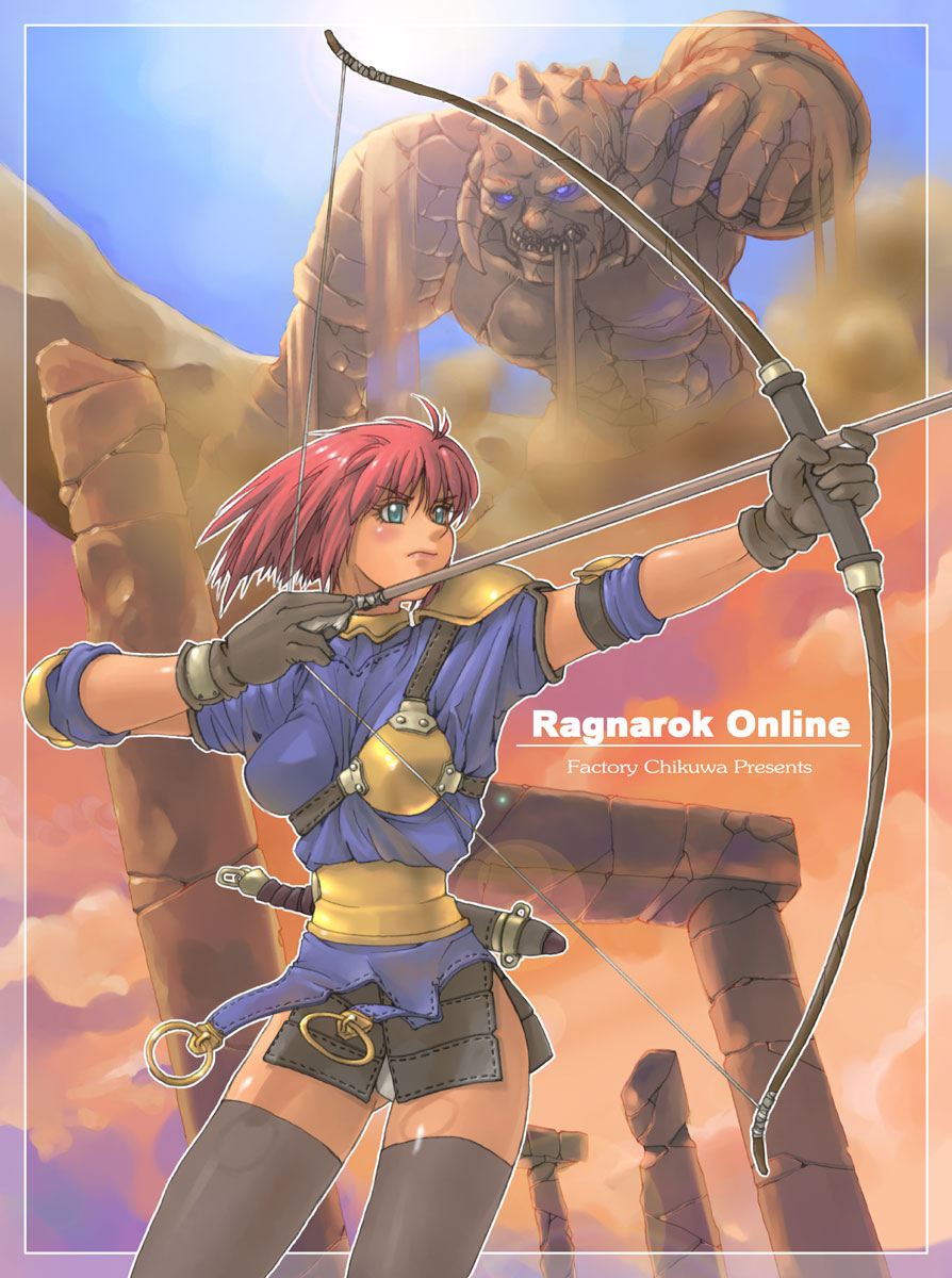 1girl arch archer_(ragnarok_online) armor armored_skirt arrow_(projectile) belt black_thighhighs blue_eyes blue_shirt blue_sky bow_(weapon) breasts brown_gloves closed_mouth commentary_request copyright_name drawing_bow gloves glowing glowing_eyes golem golem_(ragnarok_online) green_eyes highres holding holding_arrow holding_bow_(weapon) holding_weapon kainan medium_breasts muneate outdoors panties pink_hair ragnarok_online ruins sand shirt short_hair shoulder_armor sky spikes standing sun thighhighs underwear weapon white_panties zettai_ryouiki