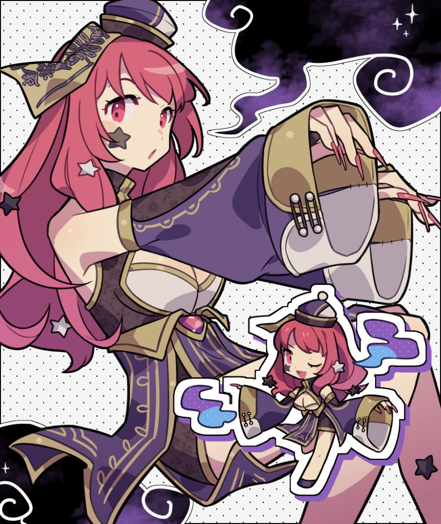 1girl alternate_costume breasts chibi chinese_clothes cleavage detached_sleeves facial_mark fingernails fire_emblem fire_emblem_engage haconeri hair_ornament hat jiangshi_costume large_breasts long_fingernails long_hair long_sleeves looking_at_viewer nintendo open_mouth red_eyes red_hair sleeves_past_wrists solo star_(symbol) star_facial_mark star_hair_ornament wide_sleeves yunaka_(fire_emblem)