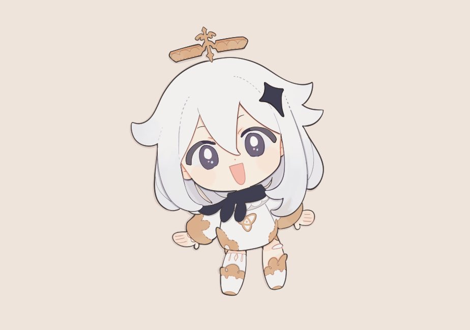 1girl :d black_eyes black_scarf boots brown_background chibi full_body genshin_impact hair_ornament halo long_hair long_sleeves looking_at_viewer mogomaco open_mouth paimon_(genshin_impact) scarf simple_background smile solo white_boots white_hair