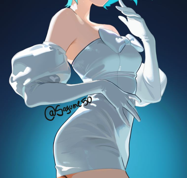 1girl alien_stage blue_background bow breasts chest_bow commentary detached_sleeves dress dress_bow elbow_gloves english_commentary gloves head_out_of_frame juliet_sleeves long_sleeves puffy_sleeves sayume50 short_dress signature solo strapless strapless_dress sua_(alien_stage) white_bow white_dress white_gloves