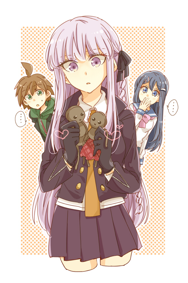 1boy 2girls ahoge black_gloves black_jacket black_skirt blue_eyes blue_hair blue_sailor_collar brown_hair collared_shirt danganronpa:_trigger_happy_havoc danganronpa_(series) gloves green_eyes green_hoodie holding holding_stuffed_toy hood hoodie jacket kirigiri_kyoko long_hair maizono_sayaka multiple_girls naegi_makoto pleated_skirt purple_eyes purple_hair sailor_collar shirt short_hair skirt stuffed_toy white_shirt zawameki