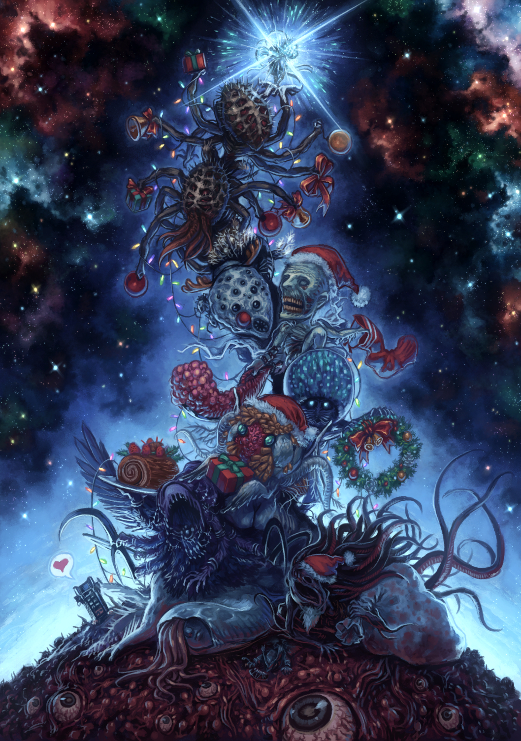 1boy 1other alien ambiguous_gender amygdala_(bloodborne) arms_up bell black_headwear bloodborne blue_eyes brain_of_mensis bug cage celestial_emissary christmas christmas_lights christmas_present christmas_stocking christmas_wreath closed_mouth commentary_request crushing ebrietas_daughter_of_the_cosmos eldritch_abomination extra_arms faceless facing_viewer gift glowing green_eyes hat heart highres holding holding_plate holding_sack holding_weapon hood hood_up hunter_(bloodborne) jingle_bell kos living_failures mergo&#039;s_wet_nurse micolash_host_of_the_nightmare monster moon_presence_(bloodborne) night night_sky open_mouth orphan_of_kos plate red_nose red_ribbon ribbon rom_the_vacuous_spider sack santa_hat saw saw_cleaver sky speech_bubble spider stacking star_(sky) tatsuya_(atelier_road) teeth tentacle_hair tentacles tricorne weapon wreath yule_log_(cake)