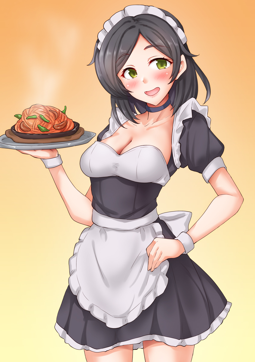 1girl alternate_costume anti_(untea9) apron black_choker black_dress black_hair blush breasts choker cleavage dress enmaided food framed_breasts frilled_apron frills gradient_background green_eyes hair_ornament hairclip highres kantai_collection kuroshio_(kancolle) looking_at_viewer maid maid_apron maid_headdress medium_breasts open_mouth pasta plate ribbon short_hair short_sleeves smile solo spaghetti tray waist_apron waitress white_apron yellow_background