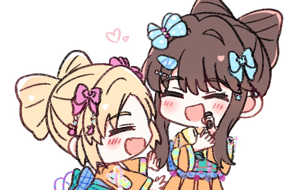 2girls :d ^_^ back_bow blonde_hair blue_bow blush bow bow-shaped_hair brown_hair chibi chibi_only closed_eyes fujishima_megumi green_sash hair_bow hair_ornament hairclip heart holding holding_microphone identity_(love_live!) japanese_clothes kimono link!_like!_love_live! long_sidelocks long_sleeves love_live! microphone mira-cra_park! multiple_girls obi official_alternate_costume official_alternate_hairstyle open_mouth orange_kimono osawa_rurino pink_bow sash short_hair sidelocks simple_background smile virtual_youtuber watage_modoki white_background