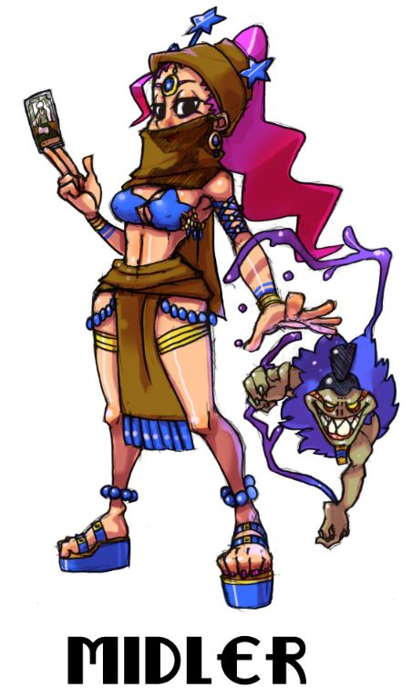 1girl alex_ahad_(style) anklet bad_id bad_pixiv_id bare_shoulders breasts card character_name dancer dark-skinned_female dark_skin earrings female_focus forehead_jewel high_priestess_(stand) jewelry jojo_no_kimyou_na_bouken long_hair lots_of_jewelry midler midriff parody platform_sandals ponytail purple_hair sandals shioinu_kemushi skullgirls solo stand_(jojo) style_parody tarot tarot_card veil