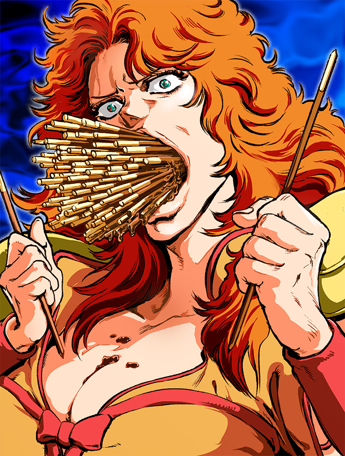 1girl bad_id bad_pixiv_id blue_eyes breasts brown_hair chocolate cleavage female_focus food full_mouth gabriel_(dadaist) hokuto_no_ken large_breasts mamiya_(hokuto_no_ken) pocky pocky_day solo too_many upper_body