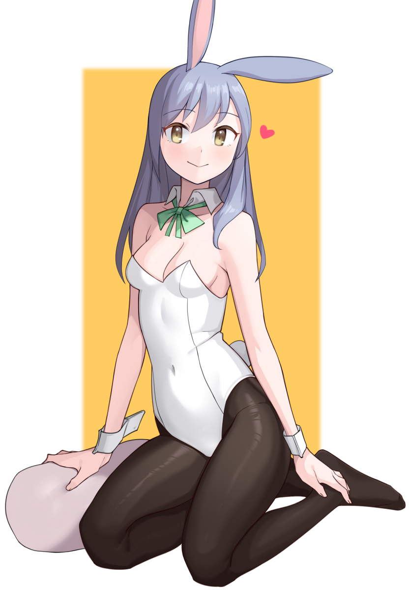 1girl animal_ears bare_arms bare_shoulders black_pantyhose bow bowtie breasts covered_navel detached_collar fake_animal_ears full_body green_bow green_bowtie grey_hair heart highres leotard long_hair medium_breasts no_shoes original pantyhose playboy_bunny rabbit_ears saiste simple_background sitting smile solo white_leotard wrist_cuffs yellow_eyes yokozuwari