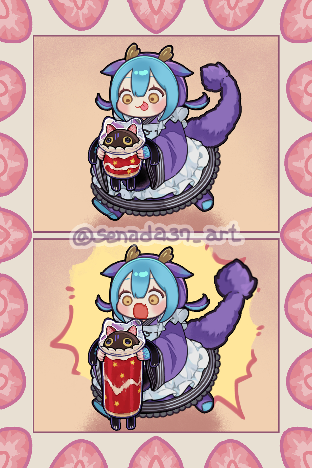 1girl apron blue_dress blue_hair cup cupsie_yummy dragon_girl dragon_horns dress duel_monster full_body highres holding horns laundry_dragonmaid longcat_(meme) meme senada37 tongue tongue_out yellow_eyes yu-gi-oh!