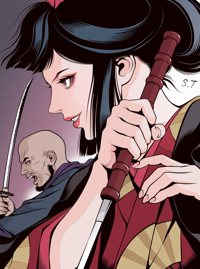 1boy 1girl bald black_hair bow bread clenched_teeth commentary_request eboshi eyelashes eyeshadow fighting_stance fingernails food from_side gonza_(mononoke_hime) gradient_background grey_robe hair_bow holding holding_sword holding_weapon japanese_clothes katana kimono limited_palette long_hair looking_to_the_side makeup mononoke_hime open_mouth parted_lips pink_bow print_paper_fan purple_background red_eyes red_eyeshadow red_kimono robe signature spot_color sword takanashi_shin teeth upper_body weapon white_background