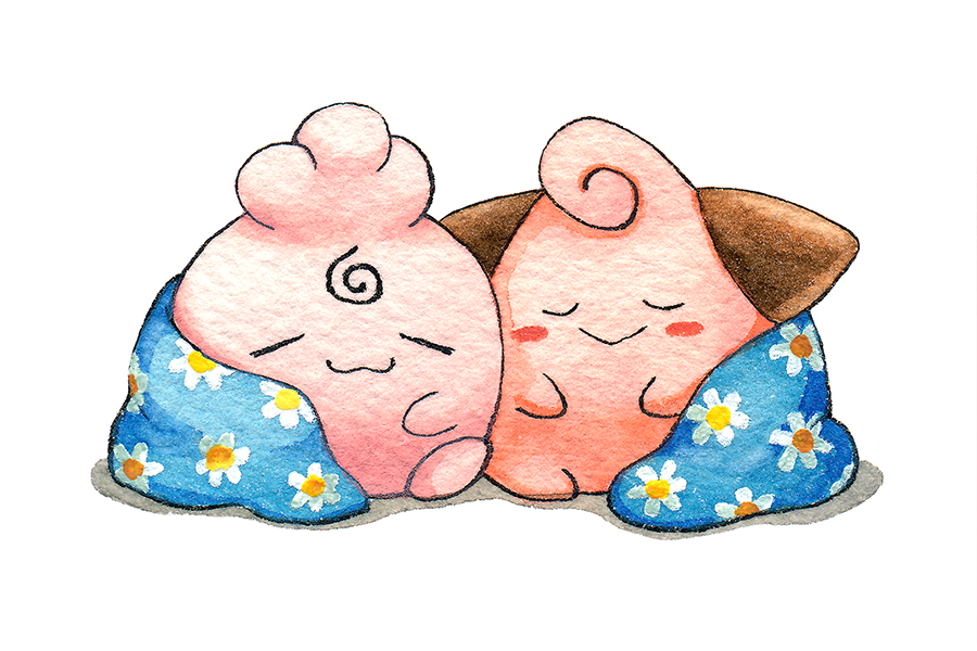 :3 blanket cleffa facing_viewer gen_2_pokemon igglybuff nintendo no_humans oliver_hamlin pokemon pokemon_(creature) simple_background sleeping smile white_background