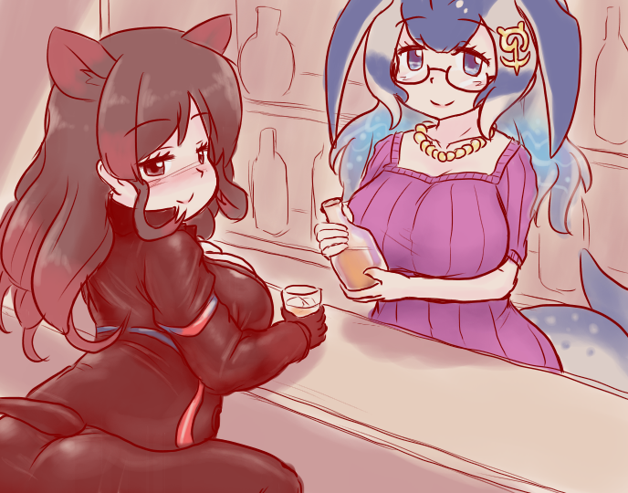 2girls anchor_hair_ornament animal_ears ass black_hair blowhole blue_eyes blue_hair blue_whale_(kemono_friends) blush bottle breasts brown_eyes cetacean_tail cleavage cup dorsal_fin dress extra_ears fins fish_tail glasses gloves grey_hair hair_ornament hippopotamus_(kemono_friends) hippopotamus_ears holding holding_cup japari_symbol kemono_friends large_breasts long_hair long_sleeves looking_at_viewer mo23 multicolored_hair multiple_girls open_mouth red_hair ribbed_sweater shirt short_hair smile sweater tail two-tone_hair whale_girl