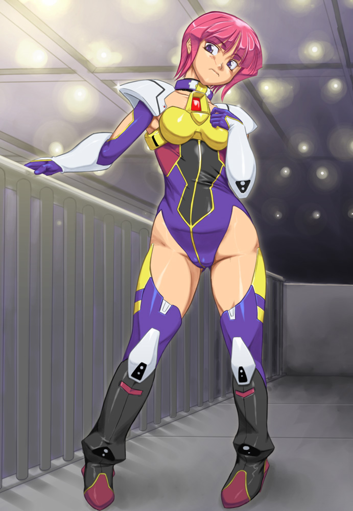 1girl armor armpits banpresto black_boots blunt_bangs blush bodysuit boots breastplate ceiling collar female_focus from_below frown full_body gloves hand_on_own_chest head_tilt highleg highleg_leotard hip_focus indoors knee_boots leotard lights looking_away mai_kobayashi othousand parted_bangs pauldrons pilot_suit pink_hair purple_eyes purple_thighhighs railing short_hair shoulder_armor solo standing super_robot_wars super_robot_wars_original_generation thighhighs thighs vambraces