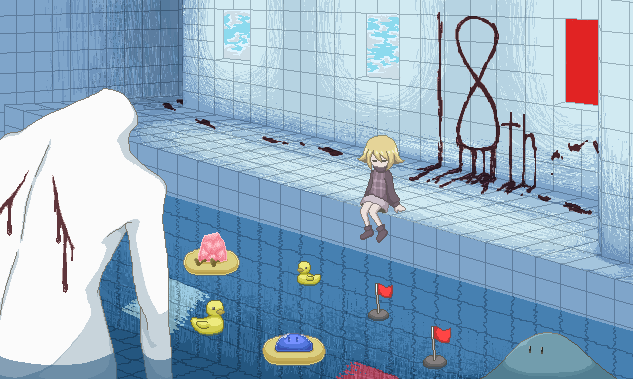 00taptap 1girl =_= anniversary black_sweater blonde_hair blood blood_on_wall boots brown_boots closed_eyes deformed grey_skirt grey_sweater_vest grey_vest hair_flaps indoors injury long_sleeves no_mouth oekaki plaid_clothes plaid_sweater_vest plaid_vest pool rubber_duck short_hair sidelocks sitting skirt solo surreal sweater sweater_vest swim_ring urotsuki vest water window yume_2kki