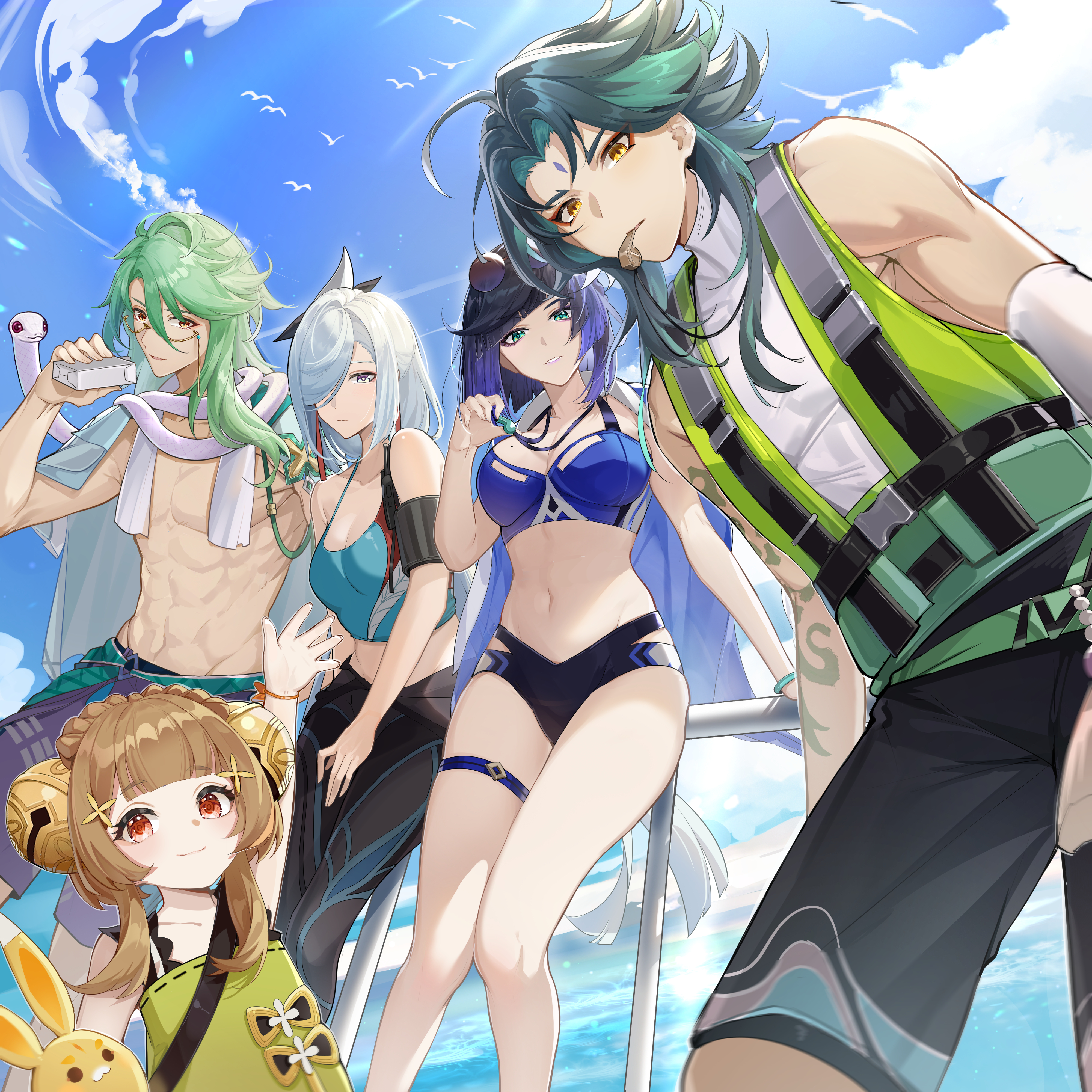 2boys 3girls :3 absurdres against_railing ahoge alternate_costume animal animal_around_neck arm_strap arm_tattoo baizhu_(genshin_impact) bare_shoulders bell bikini black_bikini black_male_swimwear black_pants blue_bikini blue_eyes blue_hair blue_jacket blue_shirt blue_sky blurry bracelet braid breasts brown_hair changsheng_(genshin_impact) closed_mouth collarbone crop_top dearduam depth_of_field diagonal_bangs diamond-shaped_pupils diamond_(shape) dress earrings eyeliner eyewear_on_head facial_mark forehead_mark from_below genshin_impact glasses green_dress green_eyes green_hair hair_bell hair_between_eyes hair_ornament hair_over_one_eye hand_on_railing hand_up highres hip_vent holding holding_whistle jacket jacket_on_shoulders jewelry jingle_bell juice_box life_vest lipstick long_hair looking_at_viewer looking_down makeup male_swimwear medium_breasts mole mole_on_breast mouth_hold multicolored_eyes multiple_boys multiple_girls navel outdoors pants parted_bangs parted_lips purple_eyeliner purple_eyes purple_lips purple_male_swimwear railing red_eyeliner red_eyes shenhe_(genshin_impact) shirt short_hair short_hair_with_long_locks sidelocks sky sleeveless sleeveless_dress sleeveless_turtleneck snake sunglasses swim_trunks swimsuit symbol-shaped_pupils tassel tattoo thigh_strap topless_male turtleneck two-tone_eyes walkie-talkie waving whistle whistle_around_neck white_hair white_shirt white_snake xiao_(genshin_impact) yaoyao_(genshin_impact) yelan_(genshin_impact) yellow-framed_eyewear yellow_eyes yoga_pants yuegui_(genshin_impact)