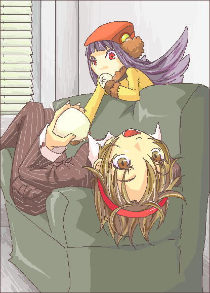 bird_hood blunt_bangs brown_eyes brown_hair brown_mittens coat couch demon demon_(megami_tensei) devil_summoner_(series) eating food formal_clothes fur_trim hair_wings hairband head_tilt holding holding_food indoors leaning_back looking_at_viewer lying mittens muu_shuwuu_(megami_tensei) nekoyanagi official_alternate_color on_back on_couch open_mouth pinstripe_pattern pinstripe_suit purple_hair red_eyes red_hairband rei_reiho short_hair steamed_bun suit upside-down upside-down_head yellow_coat