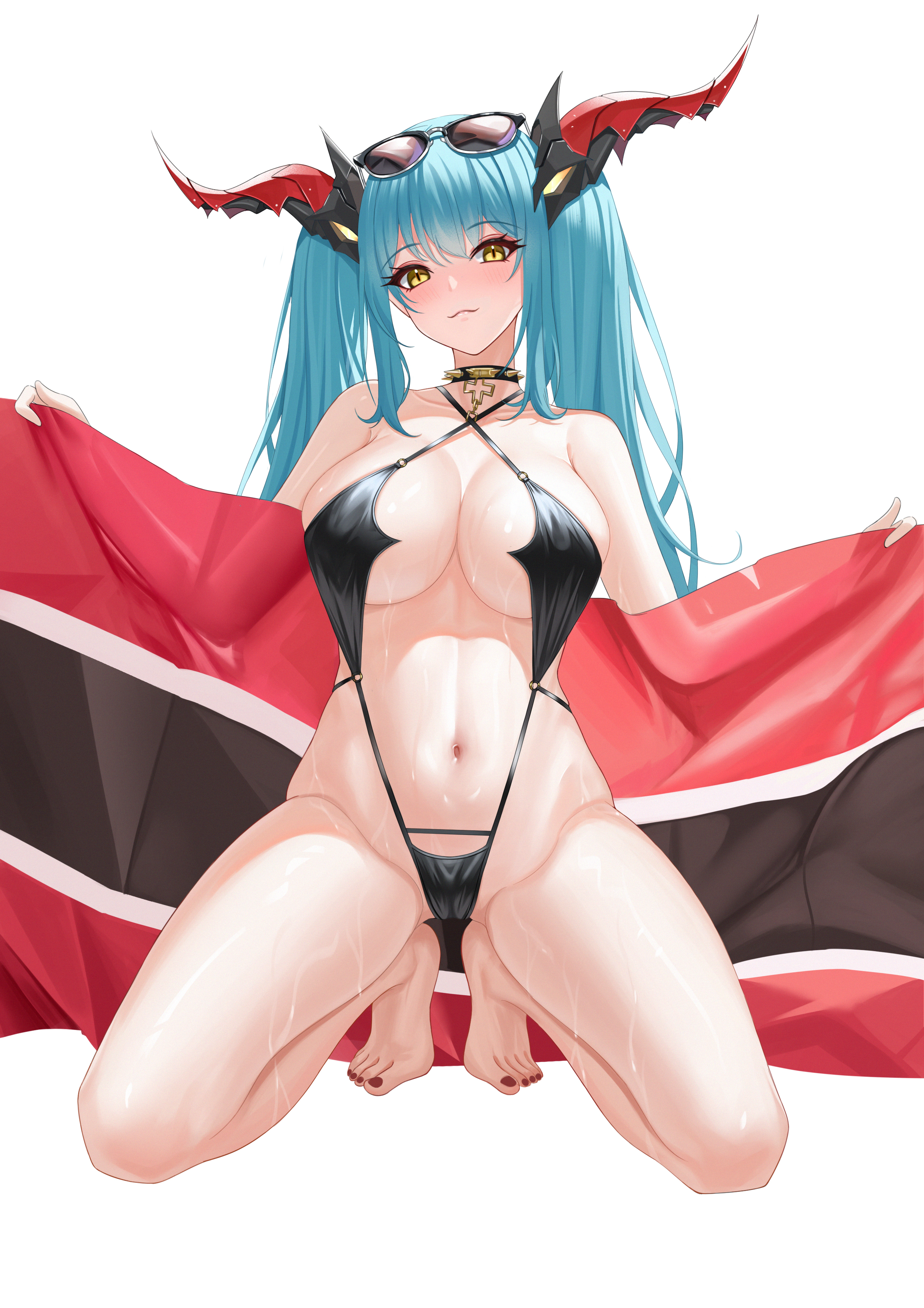 1girl absurdres azur_lane black_one-piece_swimsuit black_slingshot_swimsuit blue_hair breasts choker criss-cross_halter dragon_girl eyewear_on_head flag full_body halterneck highres holding holding_flag horns large_breasts long_hair looking_at_viewer mechanical_horns nanqizizhou official_alternate_costume one-piece_swimsuit regensburg_(azur_lane) regensburg_(dark_dragon_brilliant_beach)_(azur_lane) semi-circular_eyewear simple_background slingshot_swimsuit slit_pupils solo spiked_choker spikes stomach swimsuit twintails wet white_background yellow_eyes