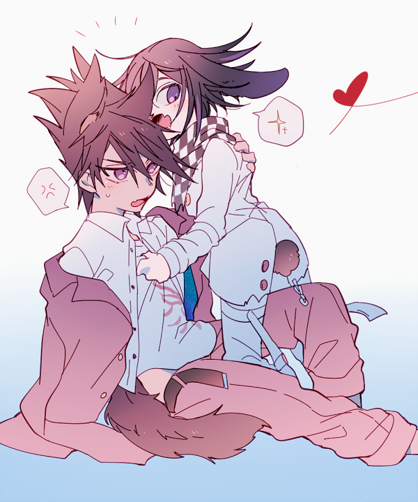 2boys anger_vein animal_ears belt between_legs blue_background blush checkered_clothes checkered_scarf clothes_grab commentary_request danganronpa_(series) danganronpa_v3:_killing_harmony facial_hair fang flipped_hair from_side goatee gradient_background hair_between_eyes heart jacket kneeling long_sleeves loose_belt male_focus medium_hair momota_kaito multiple_boys oma_kokichi open_mouth pants partial_commentary pink_pants purple_eyes purple_facial_hair purple_hair rabbit_boy rabbit_ears rabbit_tail scarf shirt short_hair simple_background sitting skin_fang spiked_hair spoken_anger_vein spoken_sparkle tail tsuki_miyabi two-tone_scarf white_background wolf_boy wolf_ears wolf_tail yaoi