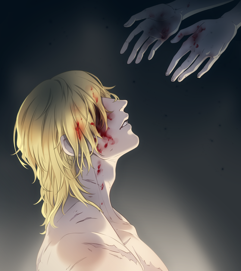 1boy adam&#039;s_apple blood blood_in_hair blood_on_face collarbone commentary dimitri_alexandre_blaiddyd dimitri_alexandre_blaiddyd_(timeskip) english_commentary fire_emblem fire_emblem:_three_houses from_side hair_behind_ear head_back injury male_focus missing_eye multiple_scars nintendo nude outstretched_arms parted_lips ruebird scar scar_on_arm scar_on_chest solo_focus teeth upper_body