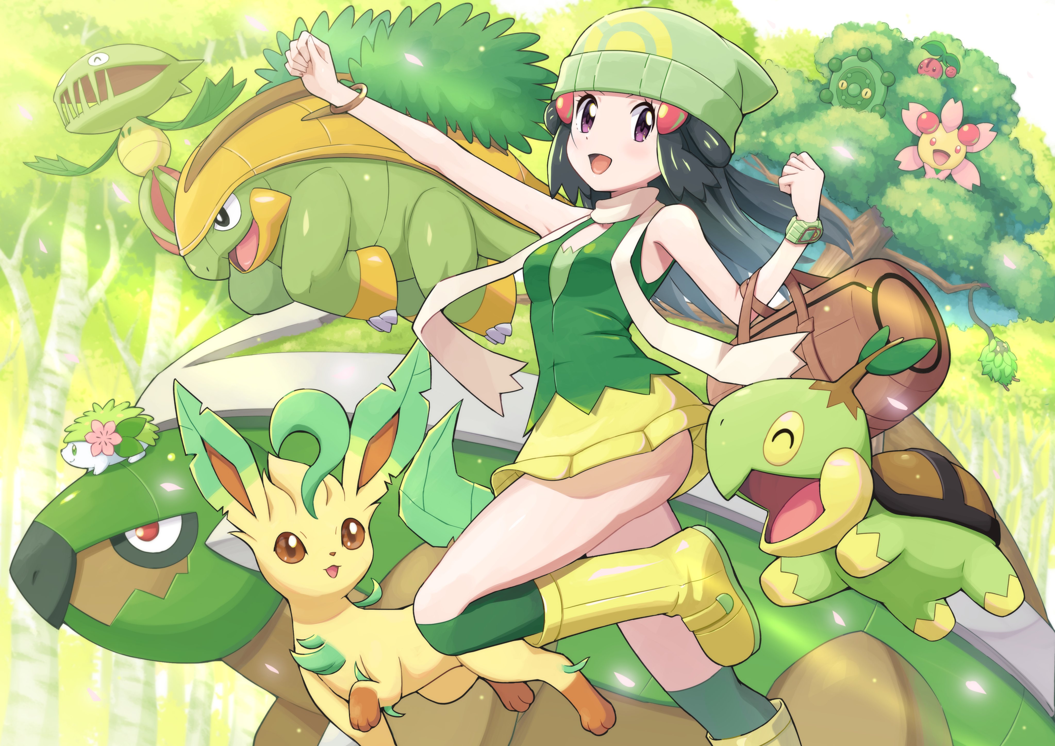 1girl absurdres alternate_color ass bag beanie black_hair boots bracelet bronzor brown_bag burmy burmy_(plant) carnivine cherrim cherrim_(sunshine) cherubi clenched_hands commentary_request dawn_(pokemon) duffel_bag eyelashes gen_4_pokemon green_headwear green_shirt green_thighhighs grotle hair_ornament hairclip hat highres jewelry leafeon legendary_pokemon long_hair mythical_pokemon nintendo open_mouth over-kneehighs pokemoa pokemon pokemon_(creature) pokemon_dppt pokemon_masters_ex purple_eyes scarf shaymin shaymin_(land) shiny_pokemon shirt skirt sleeveless sleeveless_shirt smile thighhighs tongue torterra tree turtwig white_scarf yellow_boots yellow_skirt