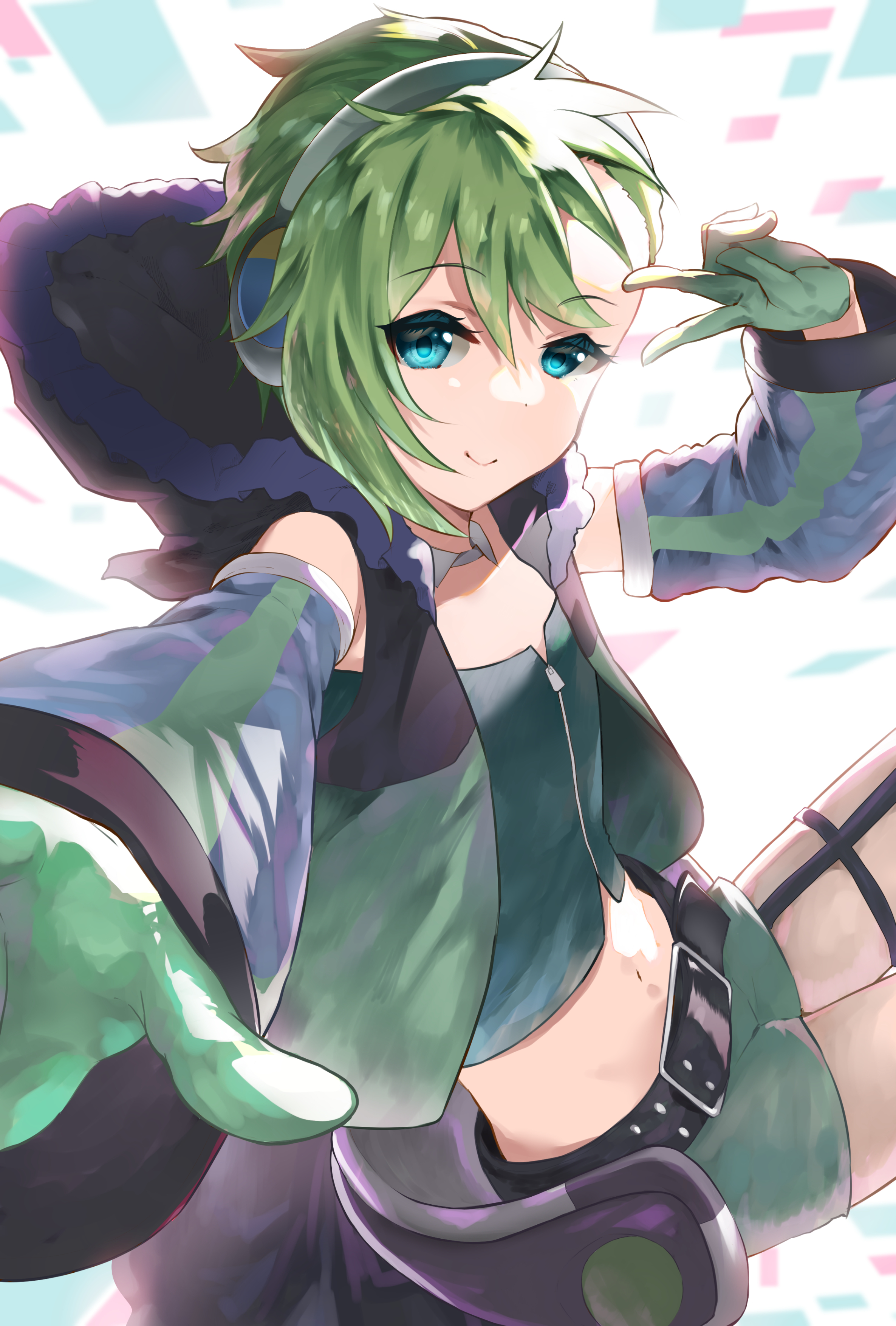 1girl absurdres belt blue_eyes closed_mouth gloves green_gloves green_hair headphones highres hood hoodie looking_at_viewer macross macross_delta macross_delta:_zettai_live!!!!!! midriff oshakana reina_prowler short_hair shorts sleeveless smile walkure_(macross_delta) zipper