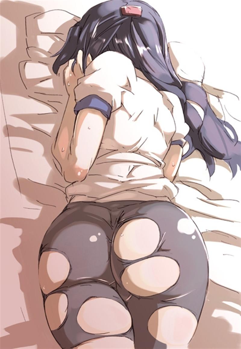 00s 1girl asakura_ryoko ass bed blue_hair female_focus half_updo huge_ass long_hair lying pantyhose pillow shiny_clothes shiny_skin skin_tight skindentation solo suzumiya_haruhi_no_yuuutsu tokyo_(great_akuta) top-down_bottom-up torn_clothes