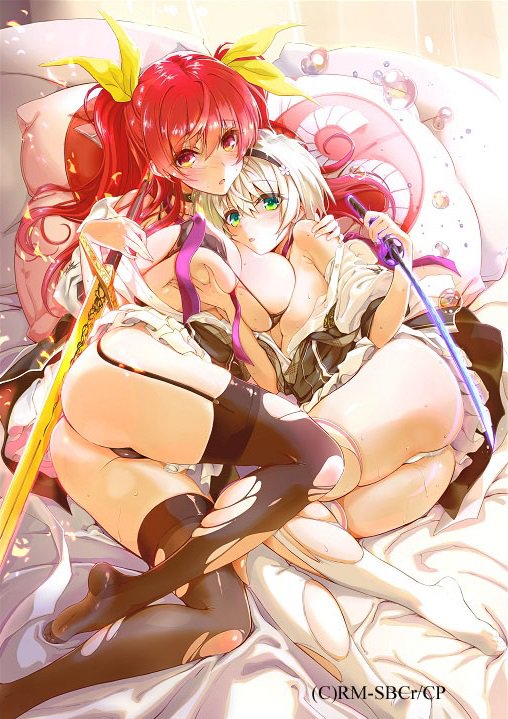 2girls artist_request ass asymmetrical_docking bikini black_bikini black_garter_straps black_hairband black_thighhighs blush breast_press breasts commentary_request feet_out_of_frame garter_straps green_eyes hair_between_eyes hair_ribbon hairband head_on_pillow holding holding_sword holding_weapon kurogane_shizuku large_breasts long_hair looking_at_viewer lying micro_bikini multiple_girls on_back on_bed open_mouth pillow purple_ribbon rakudai_kishi_no_cavalry red_eyes red_hair ribbon second-party_source short_hair small_breasts stella_vermillion swimsuit sword thighhighs thighs torn_clothes torn_thighhighs two_side_up untied_ribbon weapon white_hair white_thighhighs yellow_ribbon