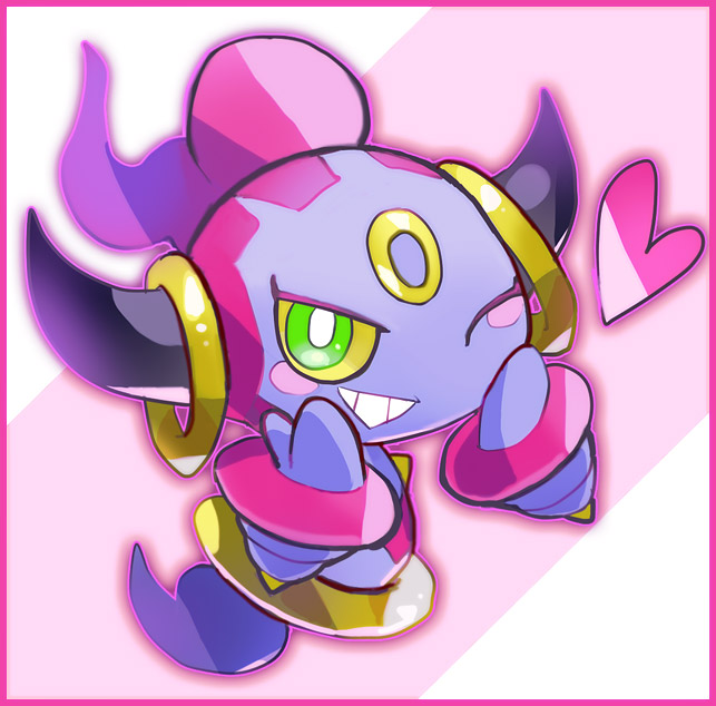 bright_pupils circle_facial_mark colored_sclera colored_skin facial_mark forehead_mark gen_6_pokemon ghost_tail gold_ring green_eyes grin hands_on_own_cheeks hands_on_own_face heart high_ponytail hoopa hoopa_(confined) horn_ornament horn_ring horns jewelry kantarou_(8kan) legendary_pokemon mythical_pokemon nintendo no_humans one_eye_closed pink_hair pokemon pokemon_(creature) pokemon_focus ponytail purple_skin ring smile solo white_pupils yellow_sclera