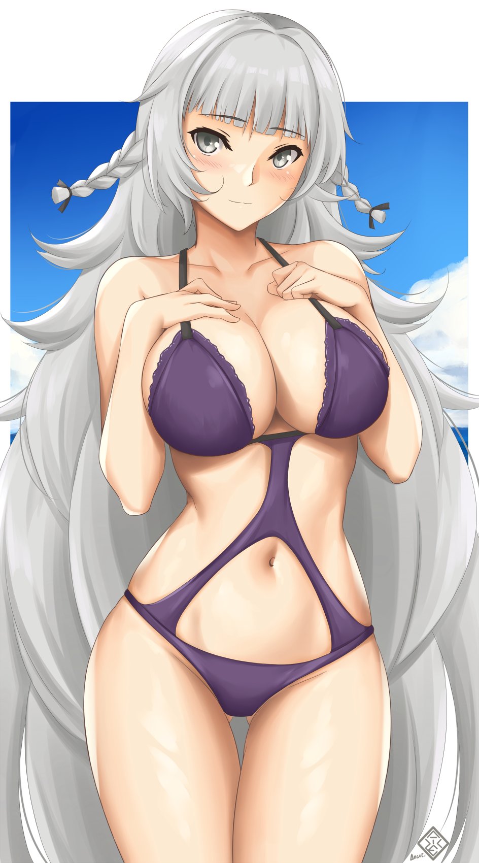 1girl absurdly_long_hair alternate_costume arcie_albano artist_logo azur_lane bare_shoulders bikini blue_sky blush border braid breasts cleavage closed_mouth cloud cloudy_sky collarbone commentary_request cowboy_shot gluteal_fold grey_eyes grey_hair hands_on_own_cheeks hands_on_own_face highres large_breasts logo long_hair navel outdoors outside_border purple_bikini sky smile solo swimsuit thigh_gap very_long_hair vittorio_veneto_(azur_lane) vittorio_veneto_(the_flower_of_la_spezia)_(azur_lane) white_border