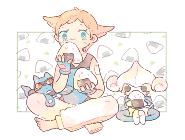 1girl bandage_on_face bandages barefoot blue_eyes food full_body gen_3_pokemon gen_4_pokemon holding holding_food indian_style katiko maylene_(pokemon) meditite nintendo onigiri pants pink_hair pokemon pokemon_(creature) pokemon_dppt riolu short_hair single_vertical_stripe sitting white_pants