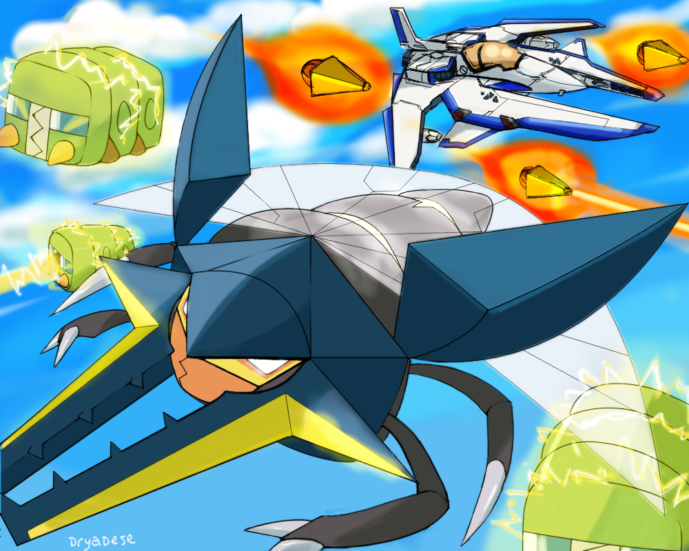 airborne_laser aircraft airplane artist_name charjabug cloud crossover day directed-energy_weapon dryadese_(artist) electricity energy_cannon energy_weapon gen_7_pokemon gradius jet laser laser_cannon nintendo options pokemon pokemon_(creature) pokemon_sm sky vehicle_focus vic_viper vikavolt