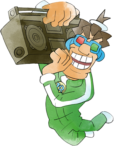 18-volt 1boy boombox brown_hair green_pants green_track_suit heterochromatic_eyewear holding_boombox long_sleeves looking_at_viewer lowres male_focus nintendo official_art pants takeuchi_kou third-party_source tinted_eyewear track_pants track_suit warioware warioware:_get_it_together!