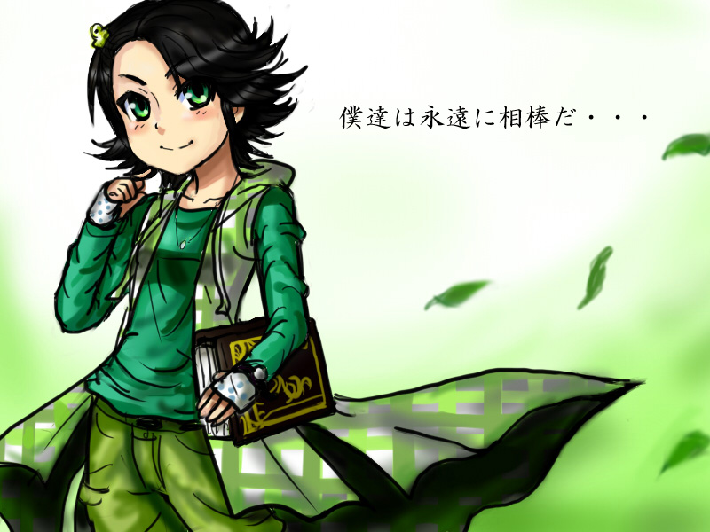 1girl bad_id bad_pixiv_id black_hair female_focus flipped_hair gender_request genderswap green_eyes hair_ornament kamen_rider kamen_rider_w leaf philip philip_(kamen_rider) short_hair shousaki smile solo