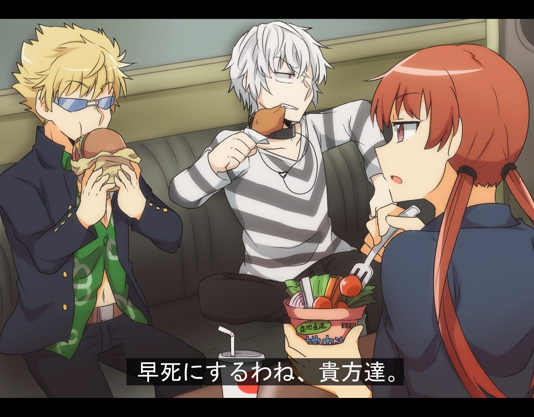 1girl 2boys accelerator_(toaru_majutsu_no_index) artist_request blonde_hair eating food fork highres multiple_boys musujime_awaki pink_eyes red_eyes red_hair sunglasses toaru_majutsu_no_index tsuchimikado_motoharu twintails white_hair